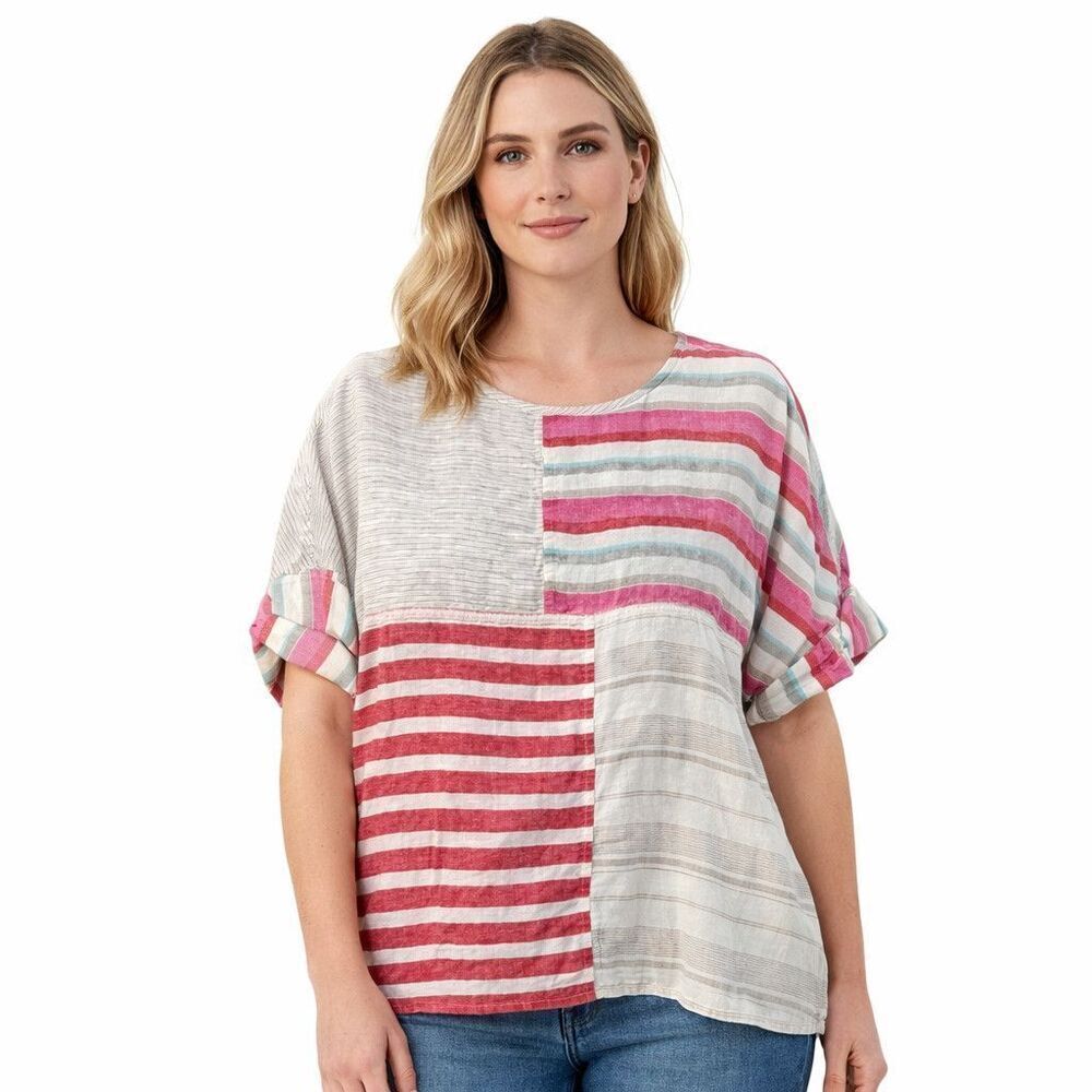Sharon Young Blouse Womens Medium Multicolor Striped Linen Short Sleeve Top
